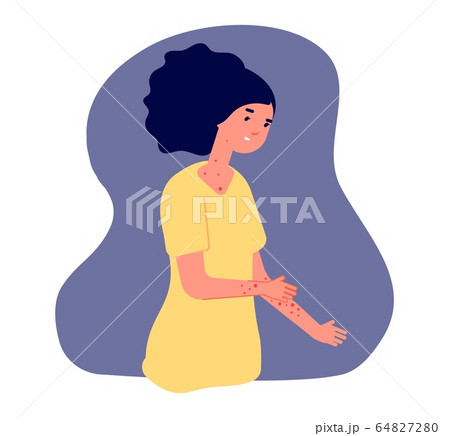 Scratching skin. Woman sick, roseola allergy symptoms. Virus disease, scabies or adult chickenpox vector illustration 64827280