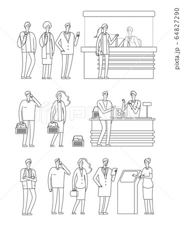 People queues. Man woman waiting lines. Isolated line characters on cash boxes. Person in grocery, station and bank. Tickets buying, pay food vector illustration 64827290