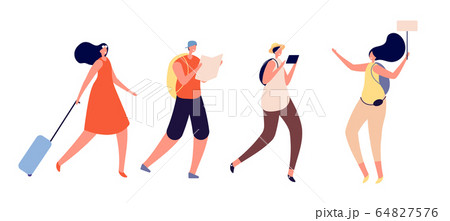 Tourists walking. Travel vacation, person trip luggage. International tour, travelers group explore world. Guided tour vector illustration 64827576