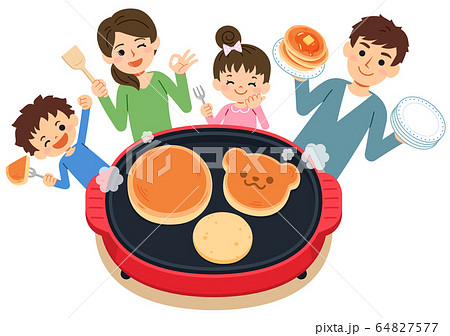 家族で料理 ホットプレートでホットケーキを焼く 家族で料理 ホットプレートでホットケーキを焼く 64827577