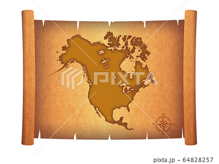 古い巻物に描かれた北米大陸の地図のイラスト｜羊皮紙　お宝の地図のイメージイラスト　アンティーク