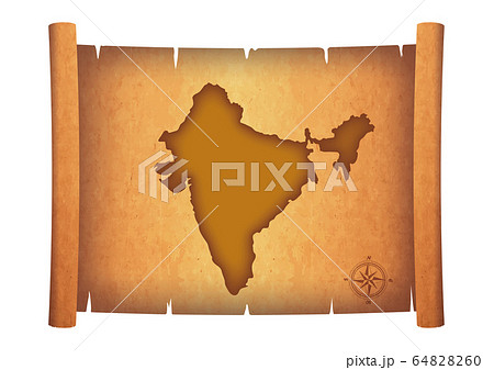 古い巻物に描かれたインドの地図のイラスト｜羊皮紙　お宝の地図のイメージイラスト　アンティーク