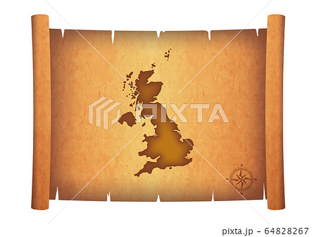 古い巻物に描かれたイギリスの地図のイラスト｜羊皮紙　お宝の地図のイメージイラスト　アンティーク