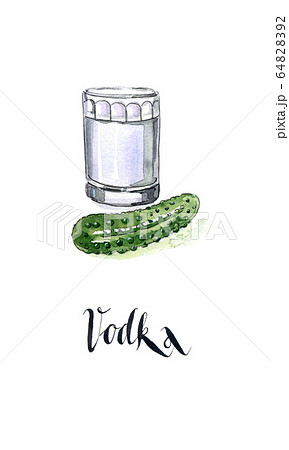 Glass of Russian vodka, pickled cucumber, slightly salted Glass of Russian vodka, pickled cucumber, slightly salted 64828392