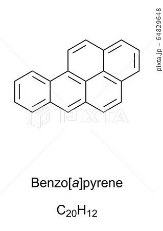 Benzopyrene skeletal formula and molecular structure. Polycyclic aromatic hydrocarbon, PAH. Carcinogenic. Can be found in coal tar, tobacco smoke and in grilled meat. Structure. Illustration. Vector. 64829648