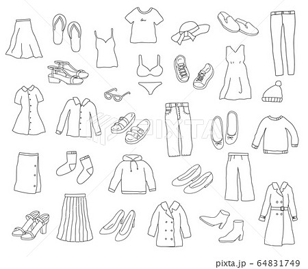 ファッションの手描きイラストのセット 靴 服 線画のイラスト素材