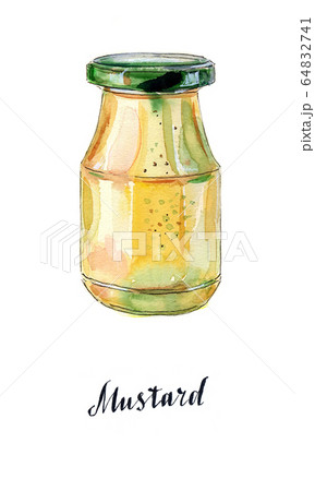 Glass jar of mustard with green lid 64832741
