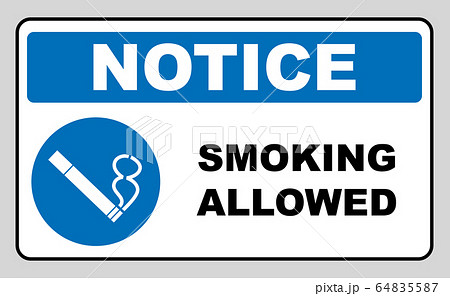 Smoking allowed icon. Round blue sign with white pictogram and black text. Vector illustration isolated on white. Mandatory symbol for public places and outdoors. Notice banner. Smoking allowed icon. Round blue sign with white pictogram and black text. Vector illustration isolated on white. Mandatory symbol for public places and outdoors. Notice banner. 64835587