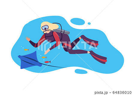 Girl in Scuba Diving Suit Swimming with Fishes under the Sea, Professional Diver Exploring the Underwater World Flat Vector Illustration 64836010