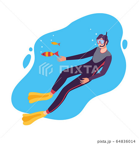 Man in Scuba Diving Suit Swimming with Fishes under the Sea, Professional Diver Exploring the Underwater World Flat Vector Illustration Man in Scuba Diving Suit Swimming with Fishes under the Sea, Professional Diver Exploring the Underwater World Flat Vector Illustration 64836014