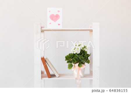Picture of heart and books and indoor plant on a bookshelf. Minimal composition. Spring interior and moter's day concept. Picture of heart and books and indoor plant on a bookshelf. Minimal composition. Spring interior and moter's day concept. 64836155