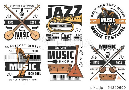 Music instruments store, live music festival icons Music instruments store, live music festival icons 64840690