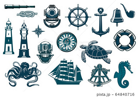 Nautical seafaring, sailing ship equipment icons 64840716