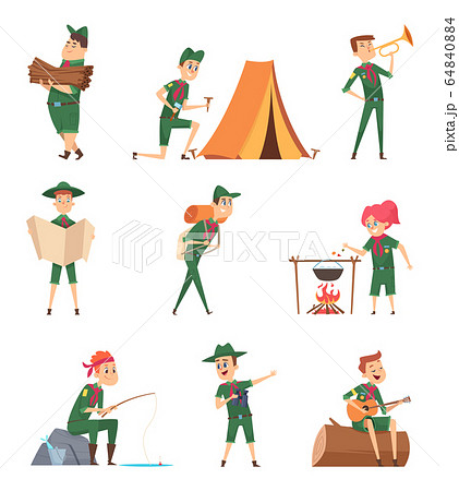 Rangers kids. Little scouts in green uniform survival characters with backpack studying vector childrens 64840884