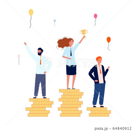 Winner ranking. Businessmen on money pedestals. Woman with golden victory cup vector concept Winner ranking. Businessmen on money pedestals. Woman with golden victory cup vector concept 64840912