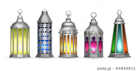Realistic silver arab lamps. Colorful oriental lanterns, isolated islamic decorative lights vector set 64840915