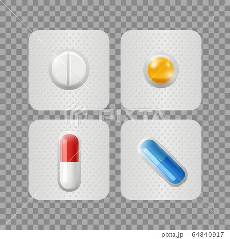 Realistic pills. Medicinal drugs in blisters isolated on transparent background. Vitamins, medical treatment or pharmaceuticals vector illustration 64840917