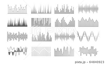 Music waves. Audio recorder, equalizer or pulse technology elements. Sound player panel, voice signal vector set 64840923