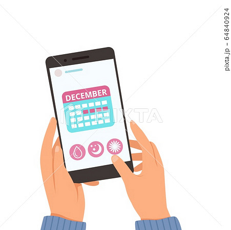 Menstrual calendar. Online female cycle app. Hands hold smartphone with month planner vector illustration Menstrual calendar. Online female cycle app. Hands hold smartphone with month planner vector illustration 64840924