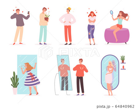 Vanity people. Narcissistic characters smiling emotions of male and female vector persons Vanity people. Narcissistic characters smiling emotions of male and female vector persons 64840962