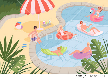 Swimming pool. Happy characters family couples relax on the beach or pool outdoor vacation kids playing on rubber mattress vector background 64840964