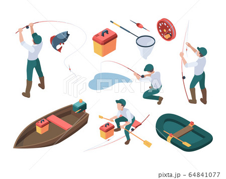 Fishing hobbies. Sport fisherman relaxing at nature spinning and rod rubber boat in river vector isometric people Fishing hobbies. Sport fisherman relaxing at nature spinning and rod rubber boat in river vector isometric people 64841077