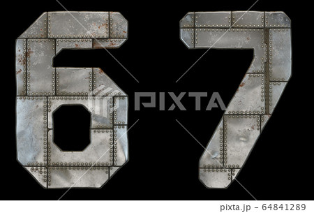 Set of numbers 6, 7 made of industrial metal on black background 3d 64841289