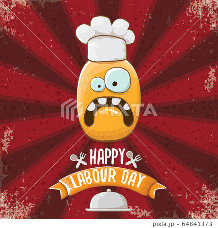 International workers day or 1 may labour day greeting card with funny cartoon tiny brown smiling chef potato with chef hat isolated on red background with rays. May day poster design template International workers day or 1 may labour day greeting card with funny cartoon tiny brown smiling chef potato with chef hat isolated on red background with rays. May day poster design template 64841373