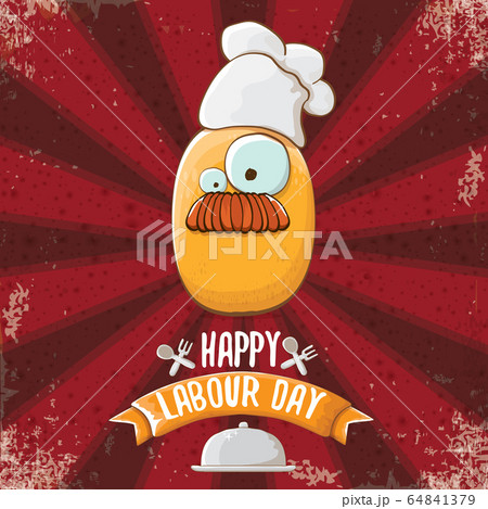 International workers day or 1 may labour day greeting card with funny cartoon tiny brown smiling chef potato with chef hat isolated on red background with rays. May day poster design template International workers day or 1 may labour day greeting card with funny cartoon tiny brown smiling chef potato with chef hat isolated on red background with rays. May day poster design template 64841379