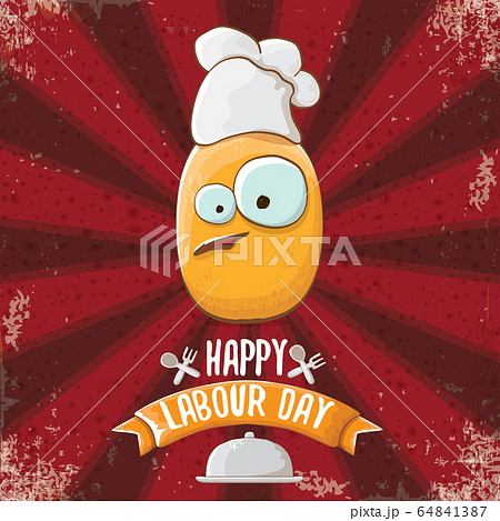 International workers day or 1 may labour day greeting card with funny cartoon tiny brown smiling chef potato with chef hat isolated on red background with rays. May day poster design template 64841387