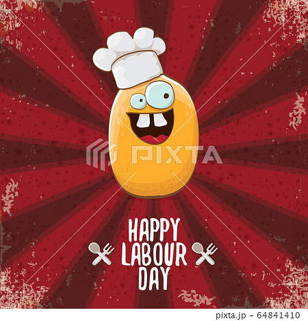 International workers day or 1 may labour day greeting card with funny cartoon tiny brown smiling chef potato with chef hat isolated on red background with rays. May day poster design template 64841410