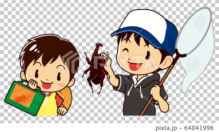 カブトムシを捕まえて喜ぶ男の子たち 64841996