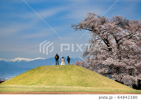 南アルプスと八代ふるさと公園古墳の甲州蚕影桜 64842380