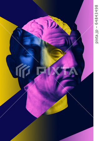 Collage with plaster antique sculpture of human face in a pop art style. Creative concept colorful neon image with ancient statue head. Cyberpunk, webpunk and surreal style poster. 64843498