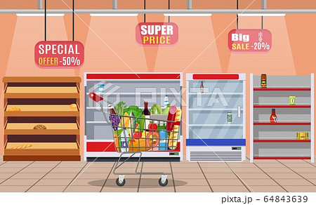 Supermarket store interior with goods. 64843639