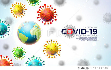 Covid-19. Coronavirus Epidemic Design with Virus Cells and Earth Planet on Light Background. Vector 2019-ncov Corona Virus Illustration Template on Dangerous SARS Outbreak Theme for Banner or Flyer. 64844230