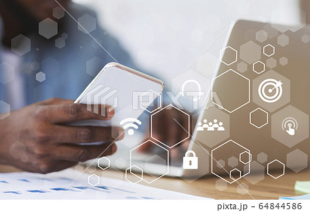 Businessman using phone, double exposure infographic panel 64844586