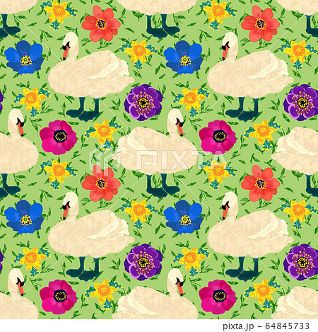 Seamless pattern with swans and flowers, hand 64845733