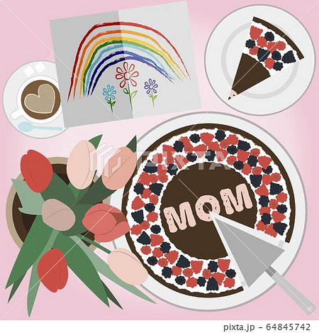 Top view of a festive chocolate cake with berries for mother s day and the inscription mom. Breakfast table with coffee, a bouquet of red and pink tulips and a children s greeting card for mom Top view of a festive chocolate cake with berries for mother s day and the inscription mom. Breakfast table with coffee, a bouquet of red and pink tulips and a children s greeting card for mom 64845742
