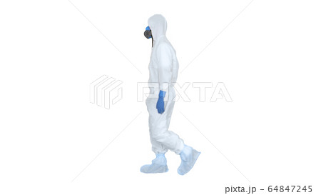 Virologist man in protective costume walking in and out on white background. Virologist man in protective costume walking in and out on white background. 64847245