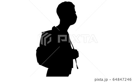 Silhouette Student in protective masks walking with backpack. Silhouette Student in protective masks walking with backpack. 64847246