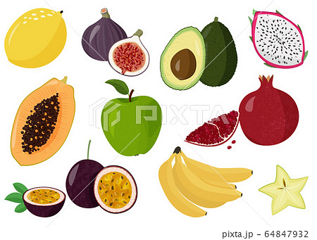 Fresh fruits vector collection. Set of sweet fruits. Lemon, papaya, dragon fruit, pomegranate, passion fruit, banana, star fruit and apple. 64847932
