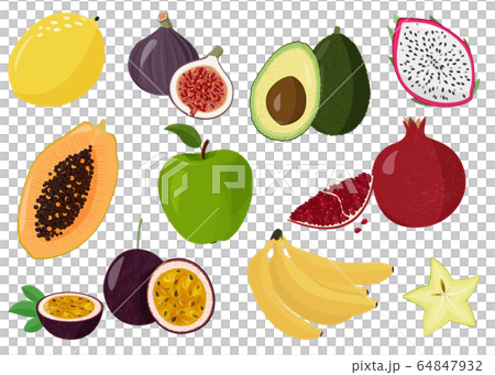 Fresh fruits vector collection. Set of sweet fruits. Lemon, papaya, dragon fruit, pomegranate, passion fruit, banana, star fruit and apple. 64847932