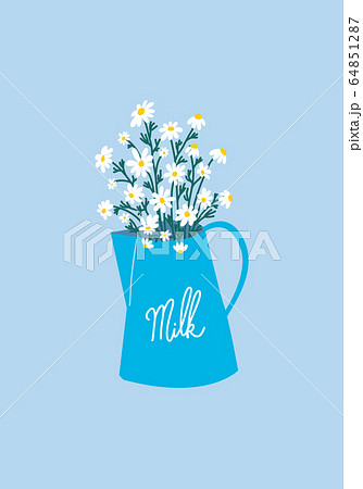 Chamomile daisies bouquet in milk jug. Aesthetic Flowers in vintage pot. Trendy elegant minimal illustration 64851287