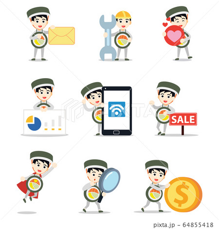 Set character of man in sushi roll costume with happy face expression. Set character of man in sushi roll costume with happy face expression. 64855418
