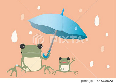 雨の日に傘をさすカエルの親子のポストカードのイラスト素材