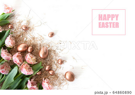 Top view of beautiful golden easter eggs 64860890