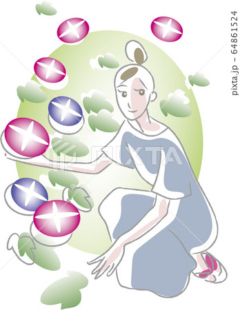 あさがおを愛でる女性 64861524