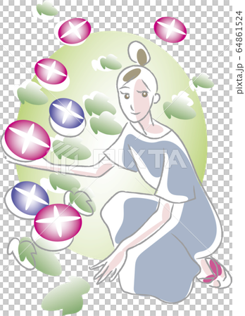 あさがおを愛でる女性 64861524