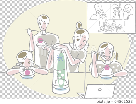 かき氷を作って楽しむ家族がオンラインで繋がって楽しんでいる かき氷を作って楽しむ家族がオンラインで繋がって楽しんでいる 64861528